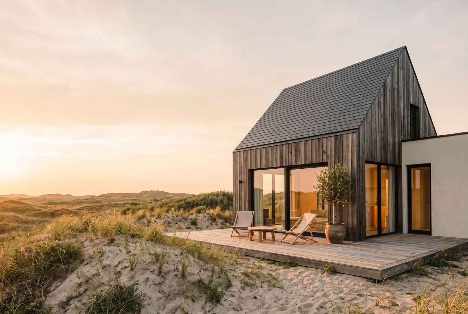 Duinhuis Lune met terras in warm avondlicht