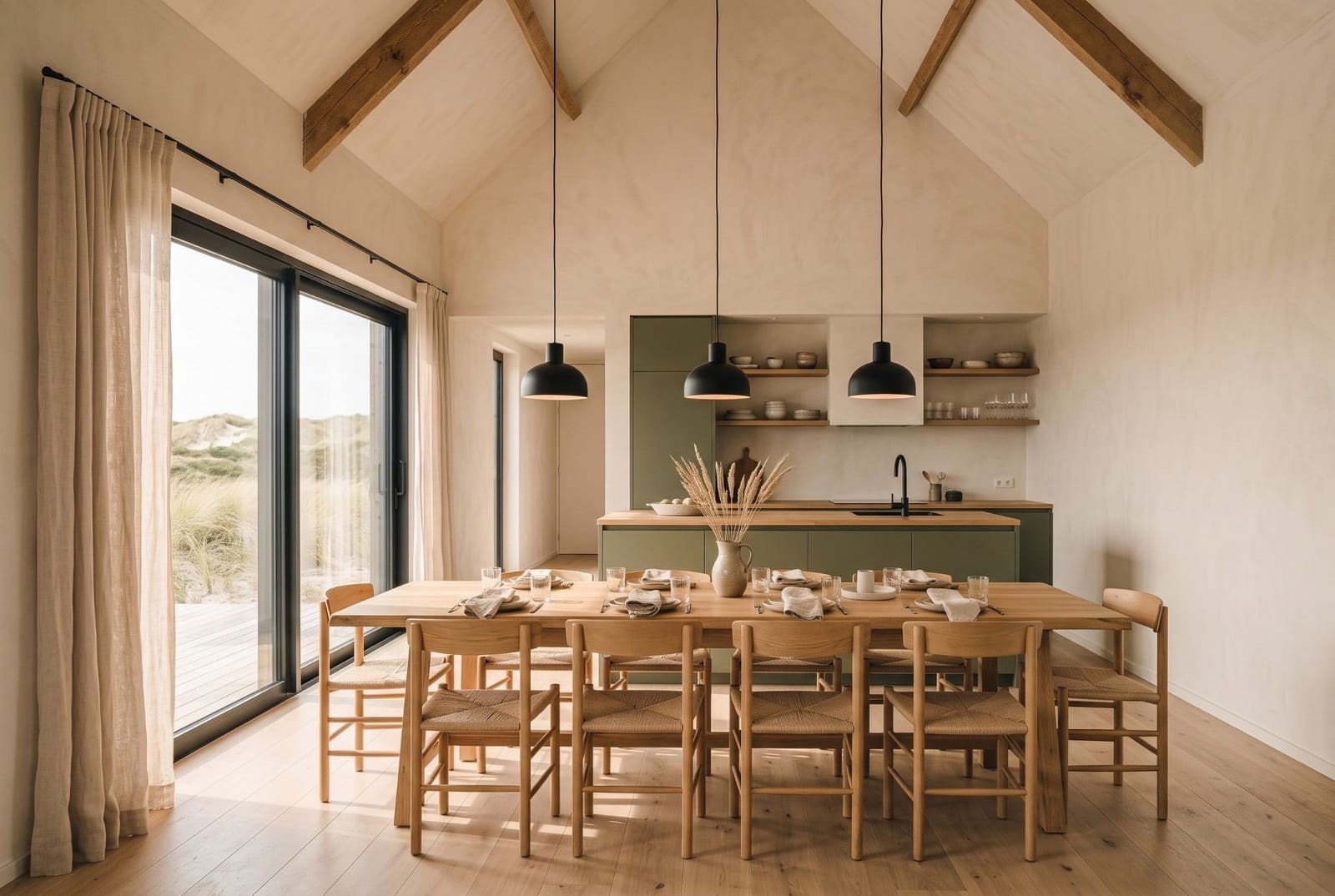 Eetruimte met lange houten tafel en open keuken