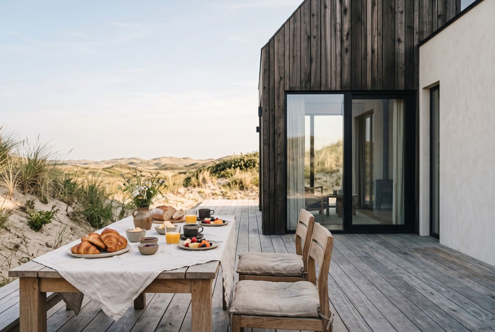 Terras met gedekte ontbijttafel